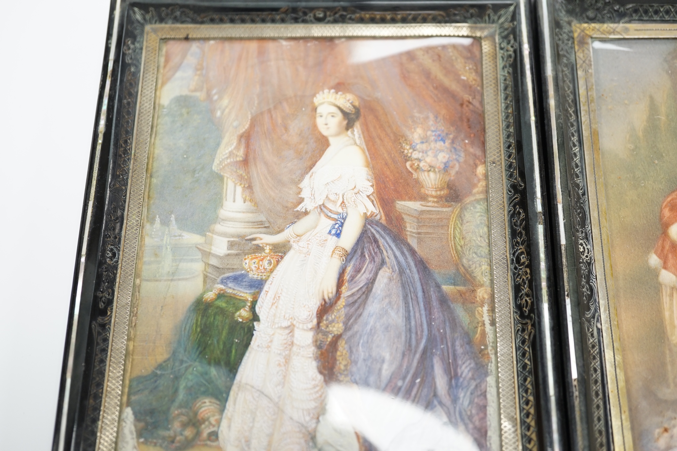 A pair of mid 19th century watercolour miniatures on ivory, Queen Victoria and three figures wearing 17th century dress, housed in inlaid and ebonised frames, 13 x 9cm CITES Submission reference 644V5FRS